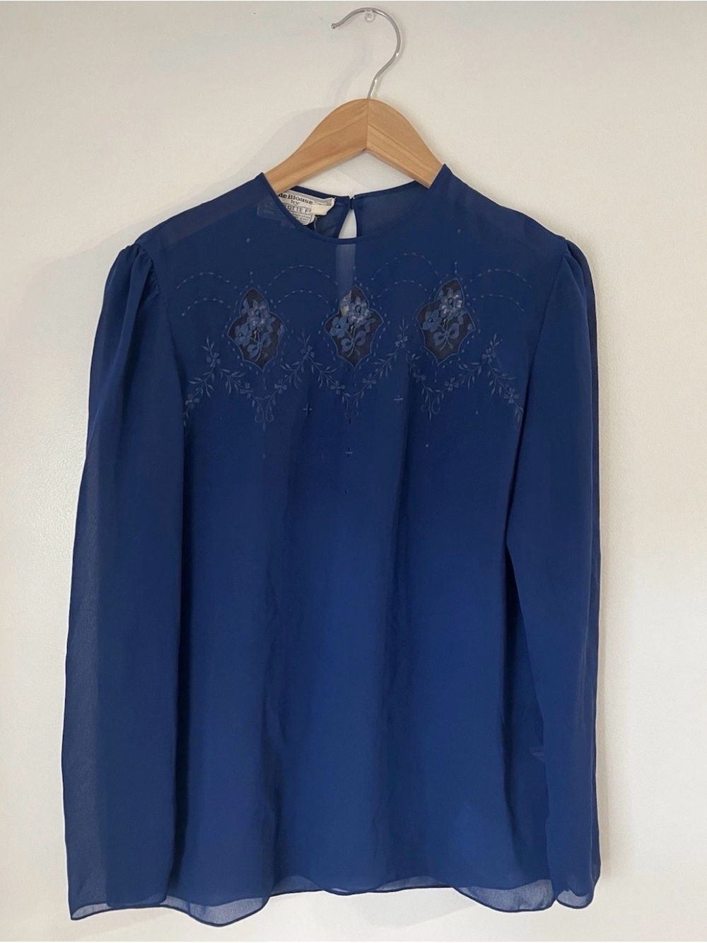 Vintage Women's Charlotte Ford Royal Blue Embroidered Sheer-Sleeve Blouse